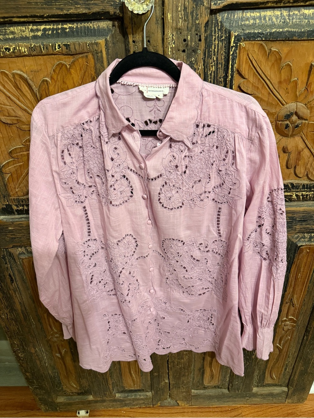Anthropologie Light Pink Embroidered Button-Down Shirt